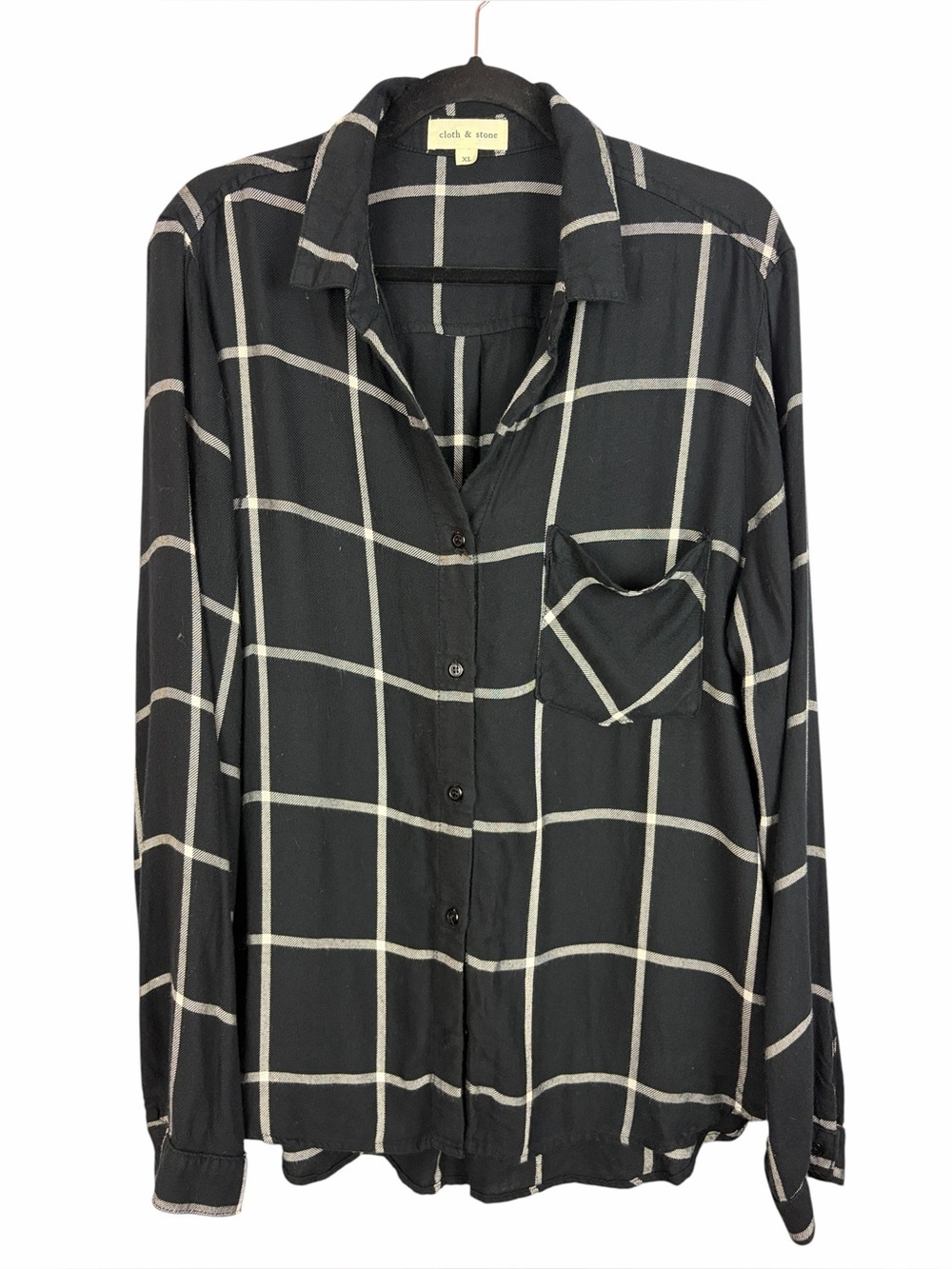 Cloth & Stone Black Windowpane Plaid Button Front Blouse Rayon Pocket Size XL